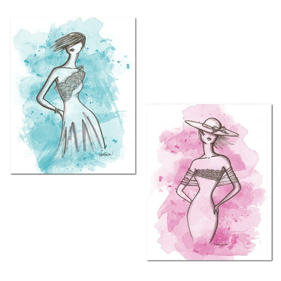 Popular Water-Color Style Runway Model Vogue Fashion Prints; Two 11x14in Paper Poster Prints
