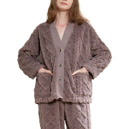 

Niuer Women Fuzzy Fleece Solid Color Loungewear Ladies Casual Nightwear Elastic Waist Home Clothes Button Down Loose Sleepwear Coffee L
