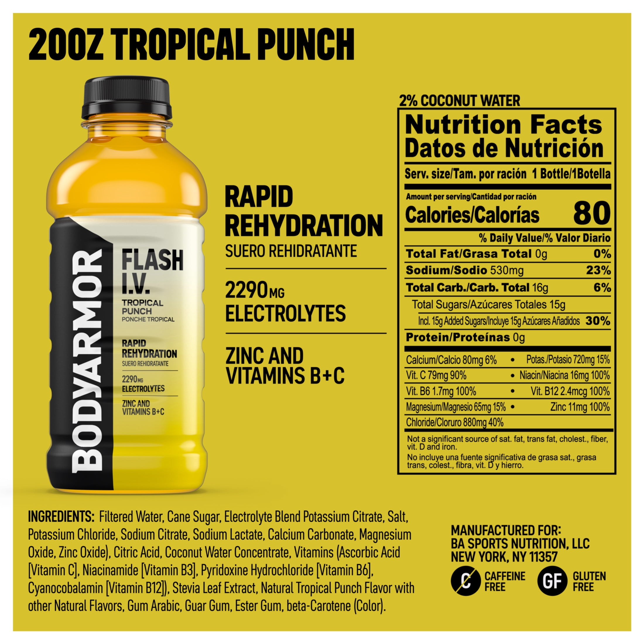 BODYARMOR Flash I.V. Tropical Punch Electrolyte Sports Drink Bottle, 20 fl oz