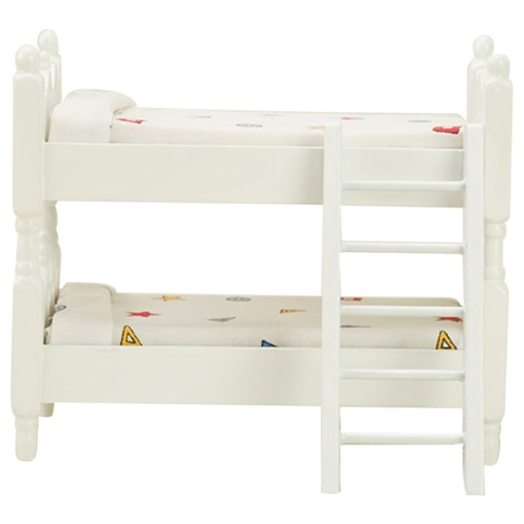 White Miniature Bunk Bed for Doll House Decoration Made of Wood and Cloth Perfect for Bedroom Scene Layout