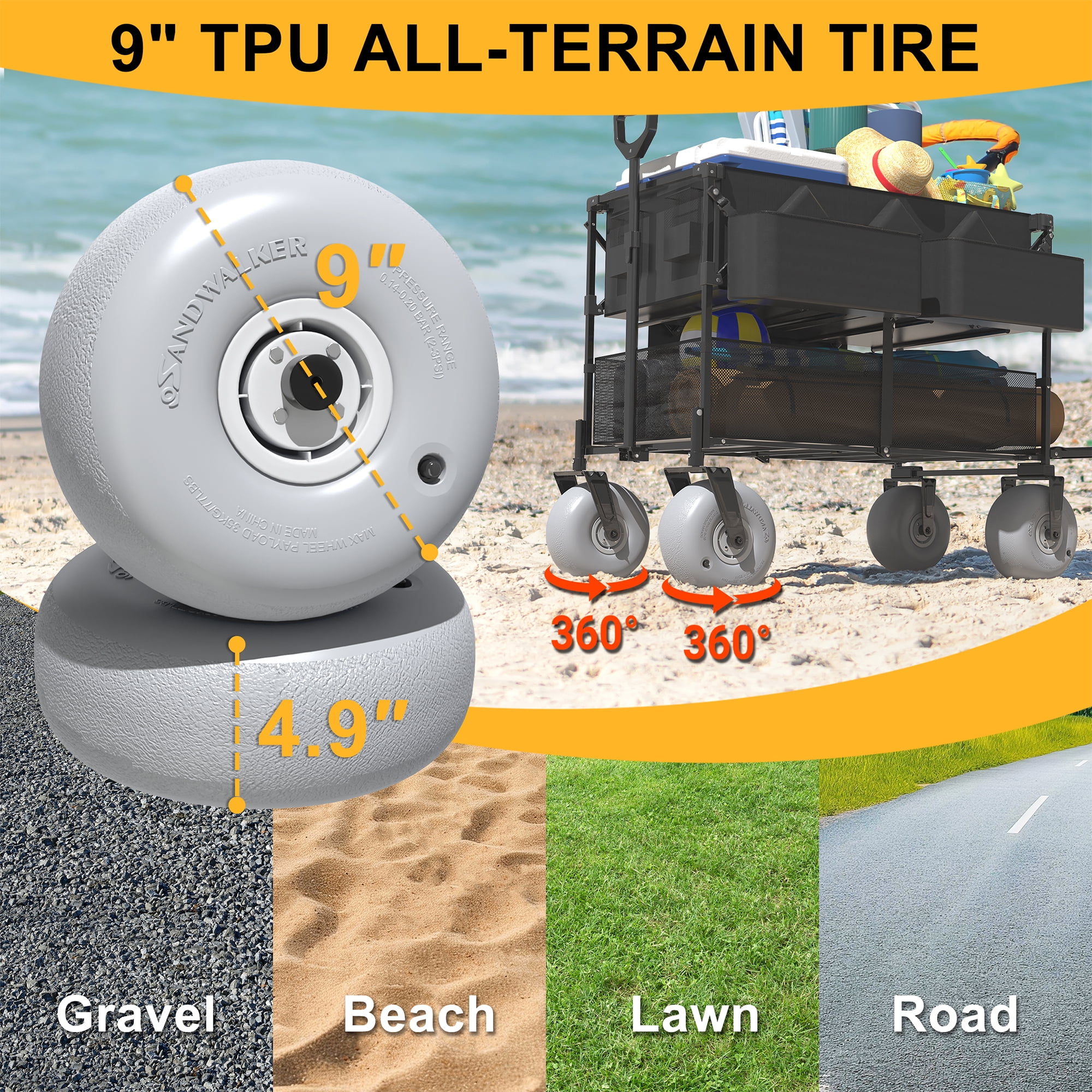 GDLF Beach Wagon, Double Decker Utility Cart with 500lb Capacity & 9" All-Terrain Balloon Tires, Collapsible Heavy Duty Buggy for Camping, Sports, Groceries