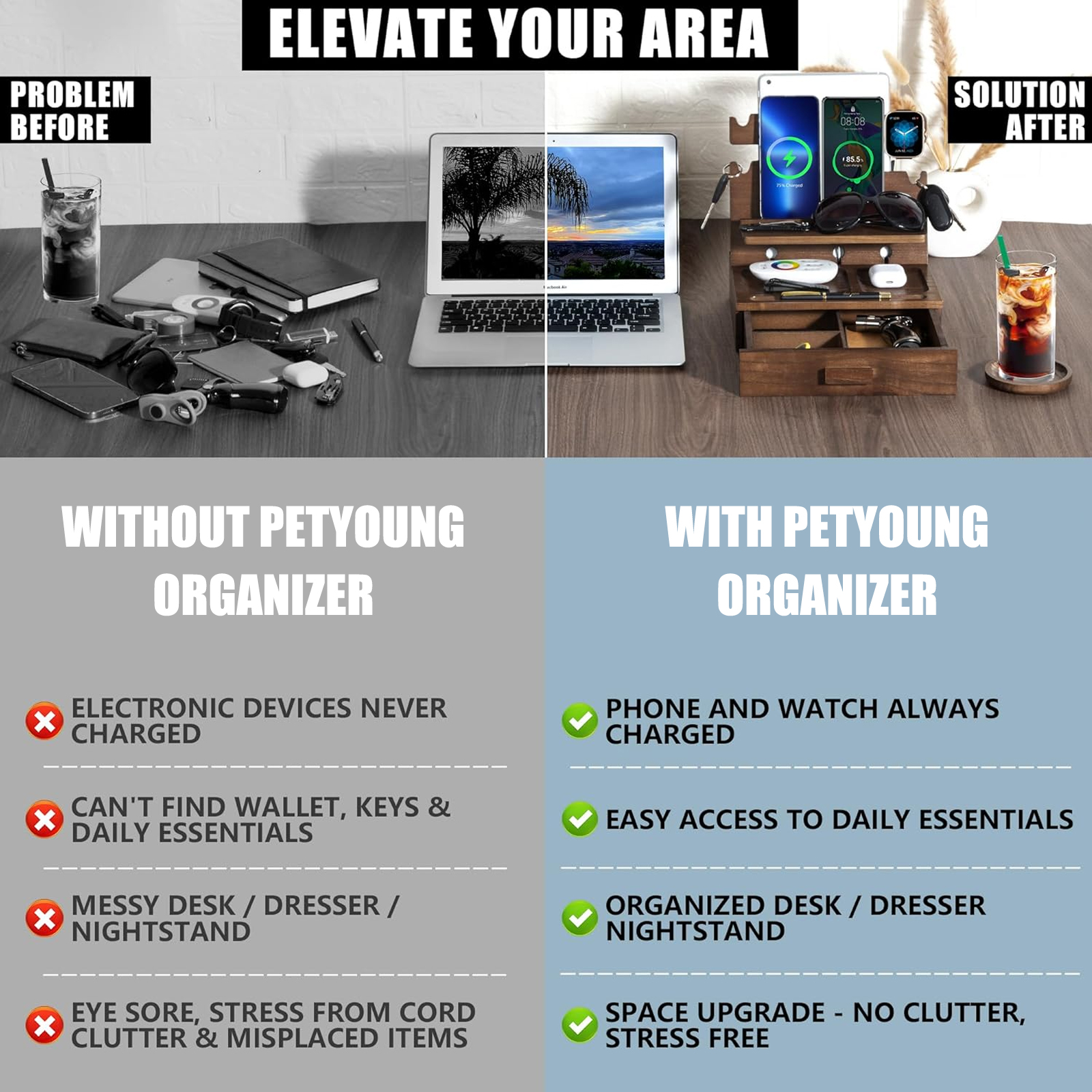 Petyoung Wood Phone Docking Station for up to 3 Phones - Nightstand Organizer with Drawer, Coaster, Compatible with Tablets, Glasses, Watches & EDC