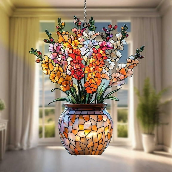 Vibrant Gladiolus Bouquet Suncatcher in Sunset Vase, Acrylic Window Hanging for Gardeners, Flower Moms and Cottage Decor Lovers