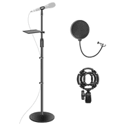OUKMIC Microphone Stand, Adjustable Karaoke Mic Holder for Singing, Universal Floor Mike Stand with Pop Filter, Barrel Mic Clip and Tray for Kids Adults