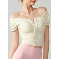 thumbnail image 5 of Women'S Cold Shoulder Summer Halter Top Short Sleeve Off the Shoulder Rib Knit Crop Top Tee Shirt White M, 5 of 6