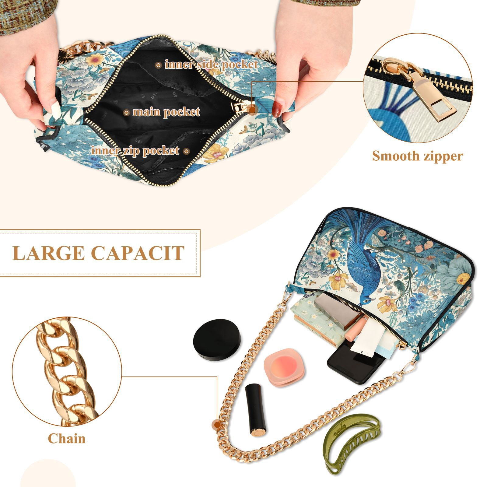 Peacock Floral Flowers LeavesWomen Small Shoulder Bag Crossbody Tote Hobo Bags Purse Clutch Handbags with Chain Strap for Women