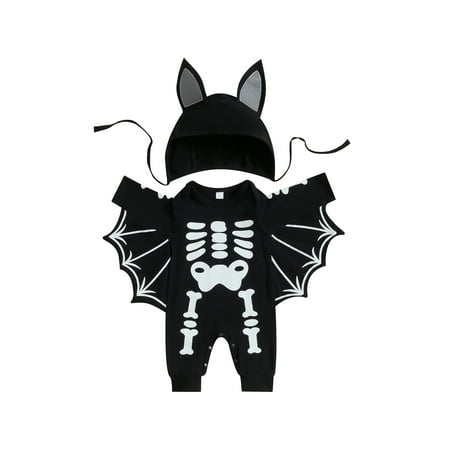 

Bravoy Baby Halloween Outfit Long Sleeve Crew Neck Skeleton Print Bat Jumpsuit with Hat for Girls Boys
