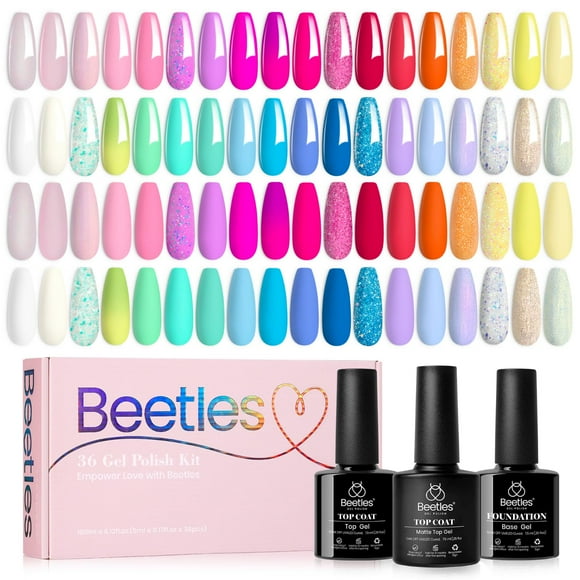 beetles Ensemble de Vernis Gel d'Été - 39 Pcs Vernis Gel Néon Rose Rouge Bleu Violet avec Couche de Base et Couche de Finition, Trempage, Lampe Uv LED, Bonbons Colorés, Trousse de Manucure, Bricolage Maison, Cadeaux pour Fem