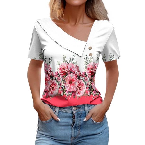 Camisetas de Manga Corta para las Mujeres Impresas Primavera Verano Botón de la Camiseta Casual, Camisetas de Mujer Casual