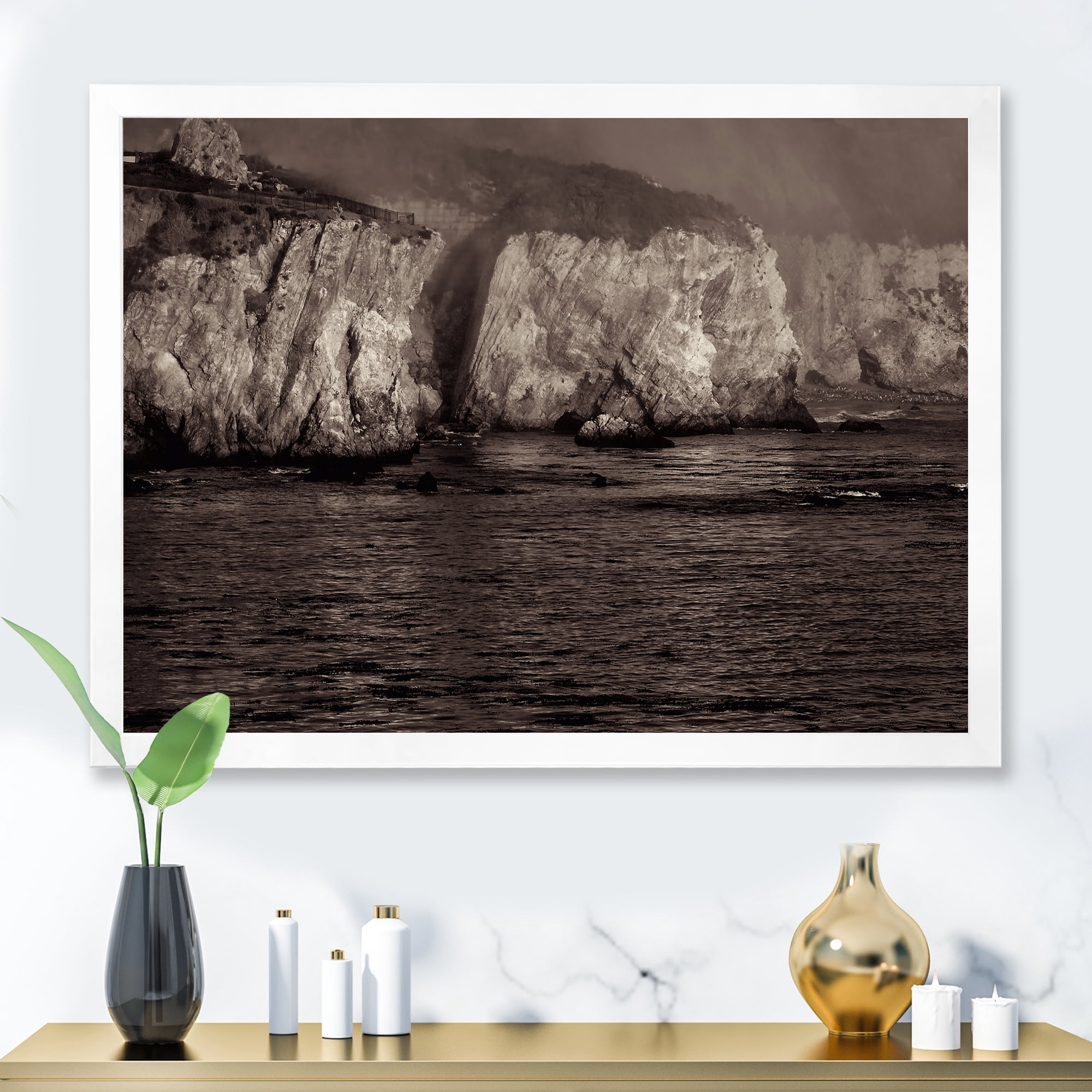 Designart 'Gold Cliffs Over Sea In The Fog' Modern Framed Art Print