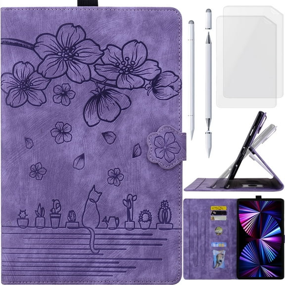 for Xiaomi Pad 5/Pad 5 Pro 11" Leather Case, Cartoon Oil Painting Cat Cherry Blossoms Folio Flip Cover, Stylus Pen Holder Card Slot, Magnetic Floral Buckle, Screen Protector