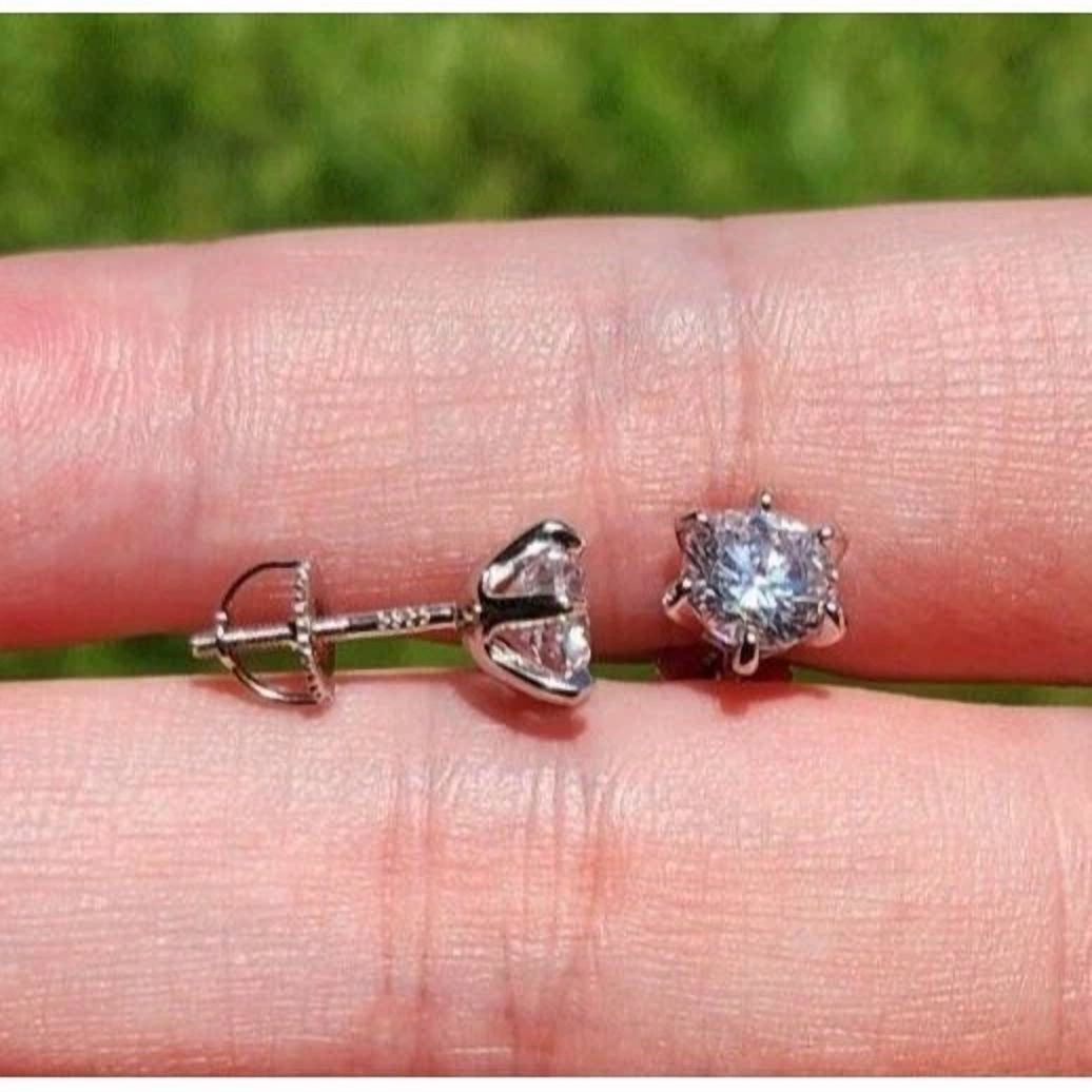 2ct Round Screw Back Moissanite 6Prong Stud Earrings Real Solid 925 Silver