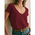 thumbnail image 3 of Women Fashion Deep V-Neck Short Sleeve Tops Solid Casual Loose Basic T Shirt, 3 of 5