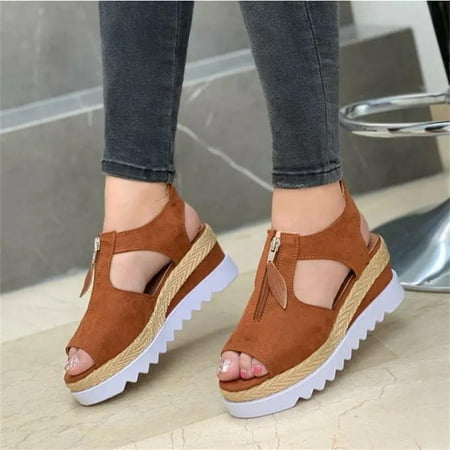 

IKemiter Women s Slope Platform Sandals Breathable Open Toes Shoes Zipper Closure