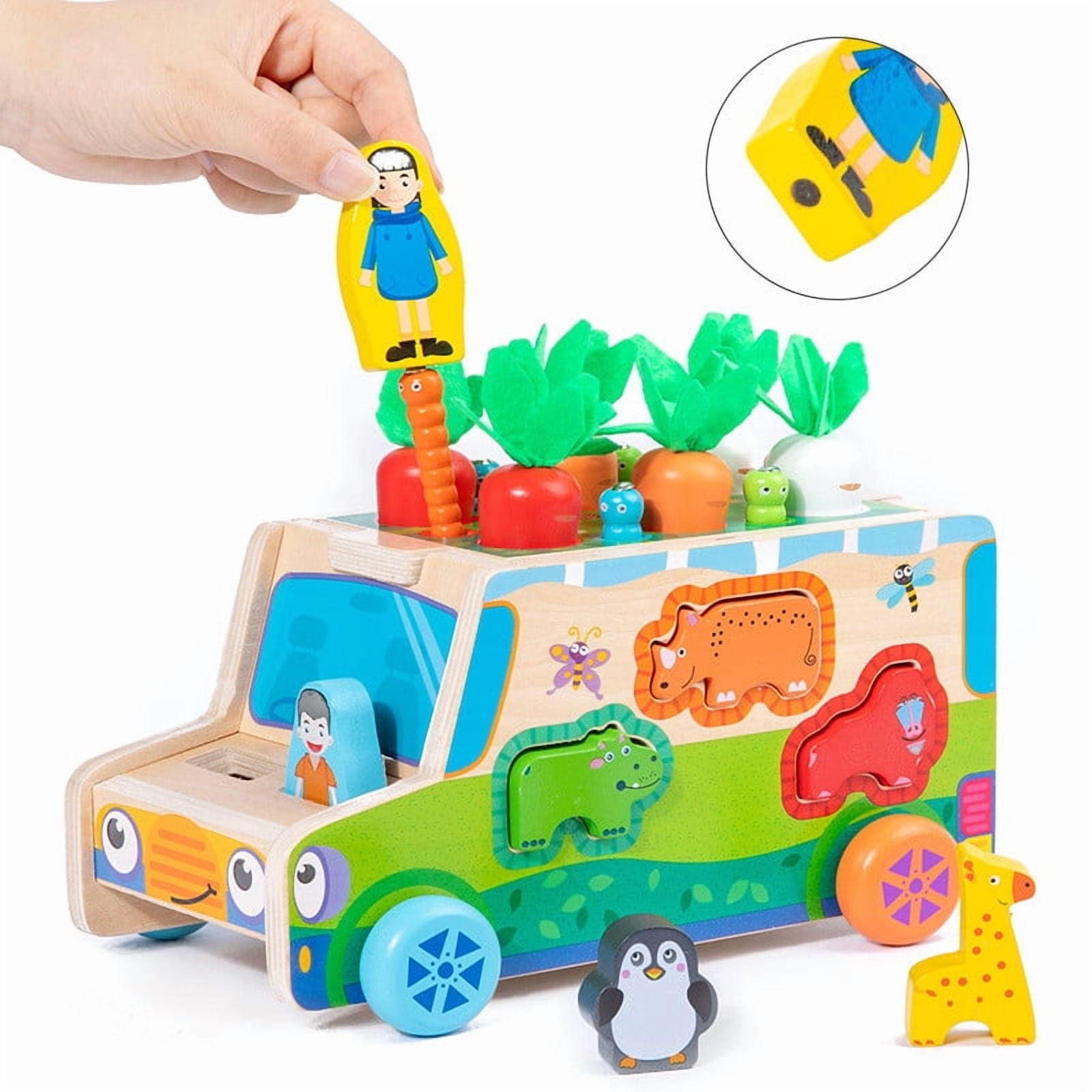 Wooden Pull Toy Car with Carrot Harvesting & Worm Catching Games, Shape Matching Montessori Activity Vehicle for Toddlers 18 Months+
