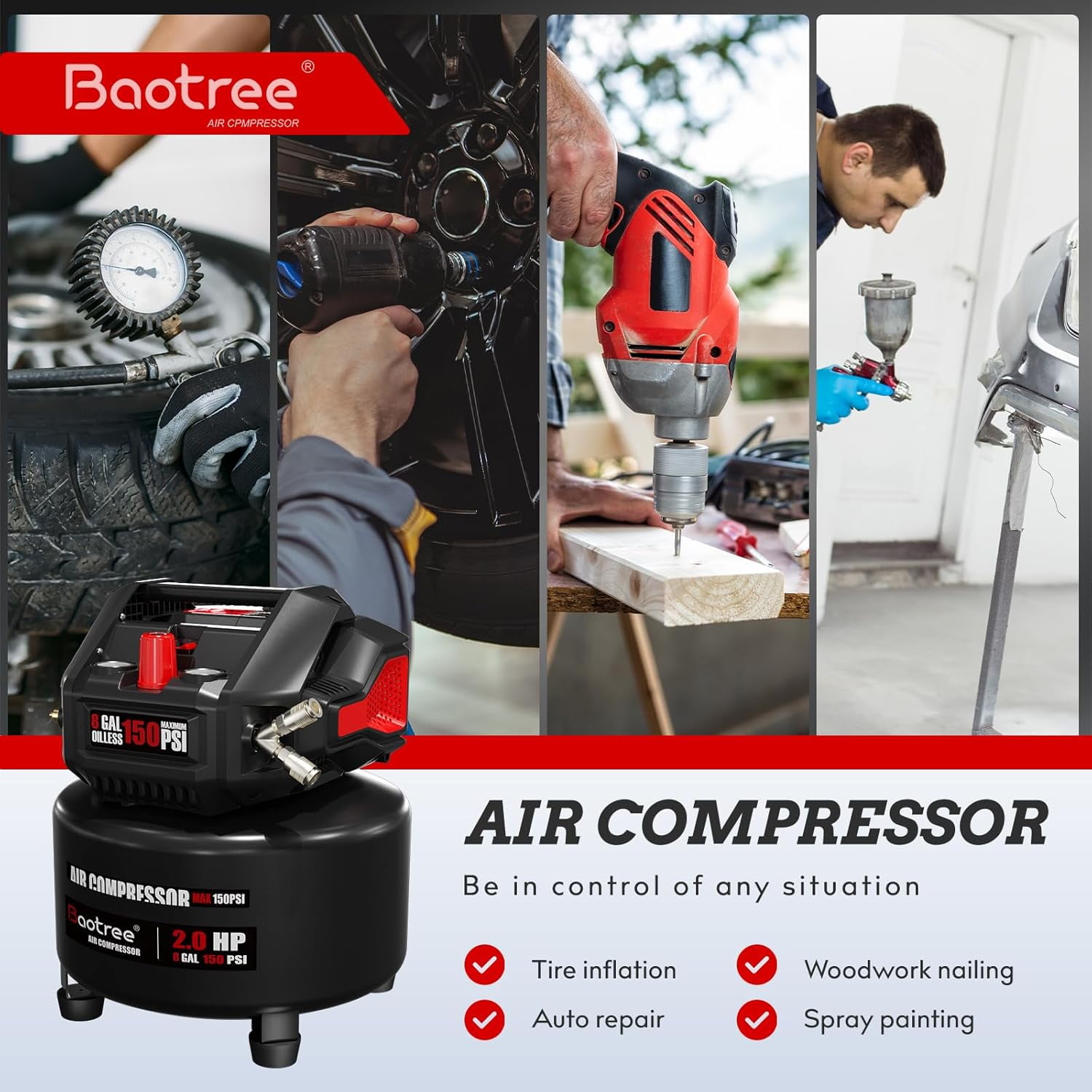 Baotree 8-Gallon/4-Gallon Portable Air Compressor, 2HP, 150PSI, oil-free air tank, high-power motor, suitable for garage work such as car repair and woodworking. (8-Gallon)