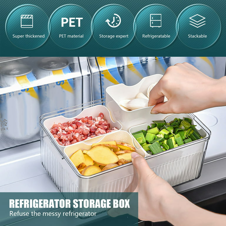 VELIHOME Fridge Food Storage Box Reusable Divided Refrigerator Organizer for Veggies, Fruits, Snacks