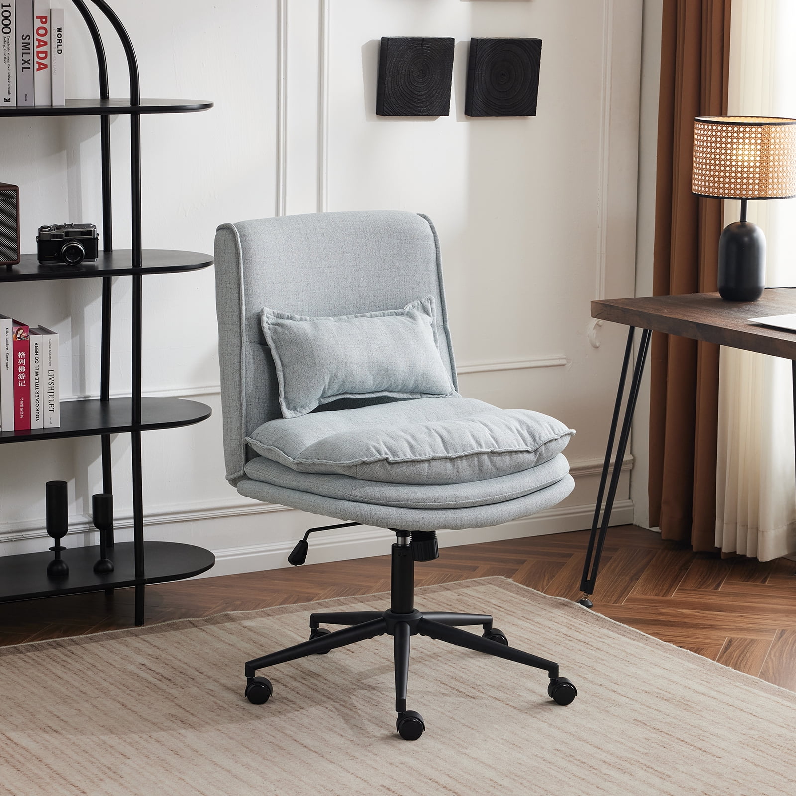 Ktaxon Armless Office Chair Linen Fabric Study Chair Adjustable Swivel Vanity Chair with Ergonomic Backrests and Wheels for Conference and Home Light Blue