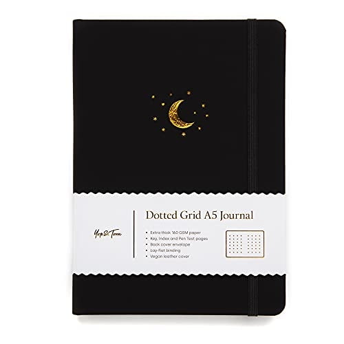 Diario punteado Yop & Tom (A5) - Luna y Estrellas - Cuadrícula + papel extra grueso (160 GSM) - Carbón