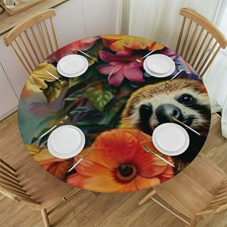 Fitted Round Tablecloth with Elastic Funny Sloth Flower Print Circle Tablecloth Waterproof Wipeable Oil Cloth Tablecloth