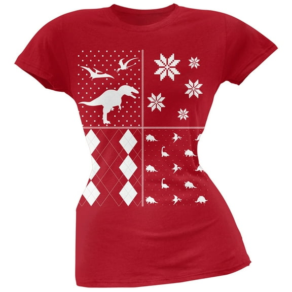 Dinosaurs Festive Blocks Ugly Christmas Sweater Red Soft Juniors T-Shirt