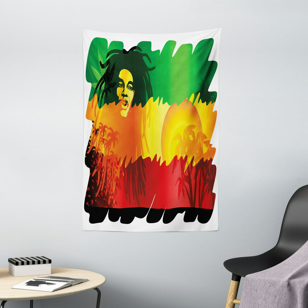 Rasta Tapestry, Iconic Reggae Music Singer Abstract Design with Sun and Palm Trees, Wall Hanging