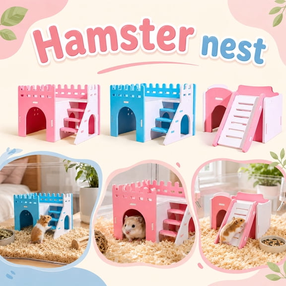 Small Pet Supplies, Two-Level Hamster House, Wooden Dwarf Hamster Hideout, Hamster Hideout, Chew-Proof Ventilated Gerbil Hut Pet Shelter 7X6X4 in Blue Princess Castle Cage