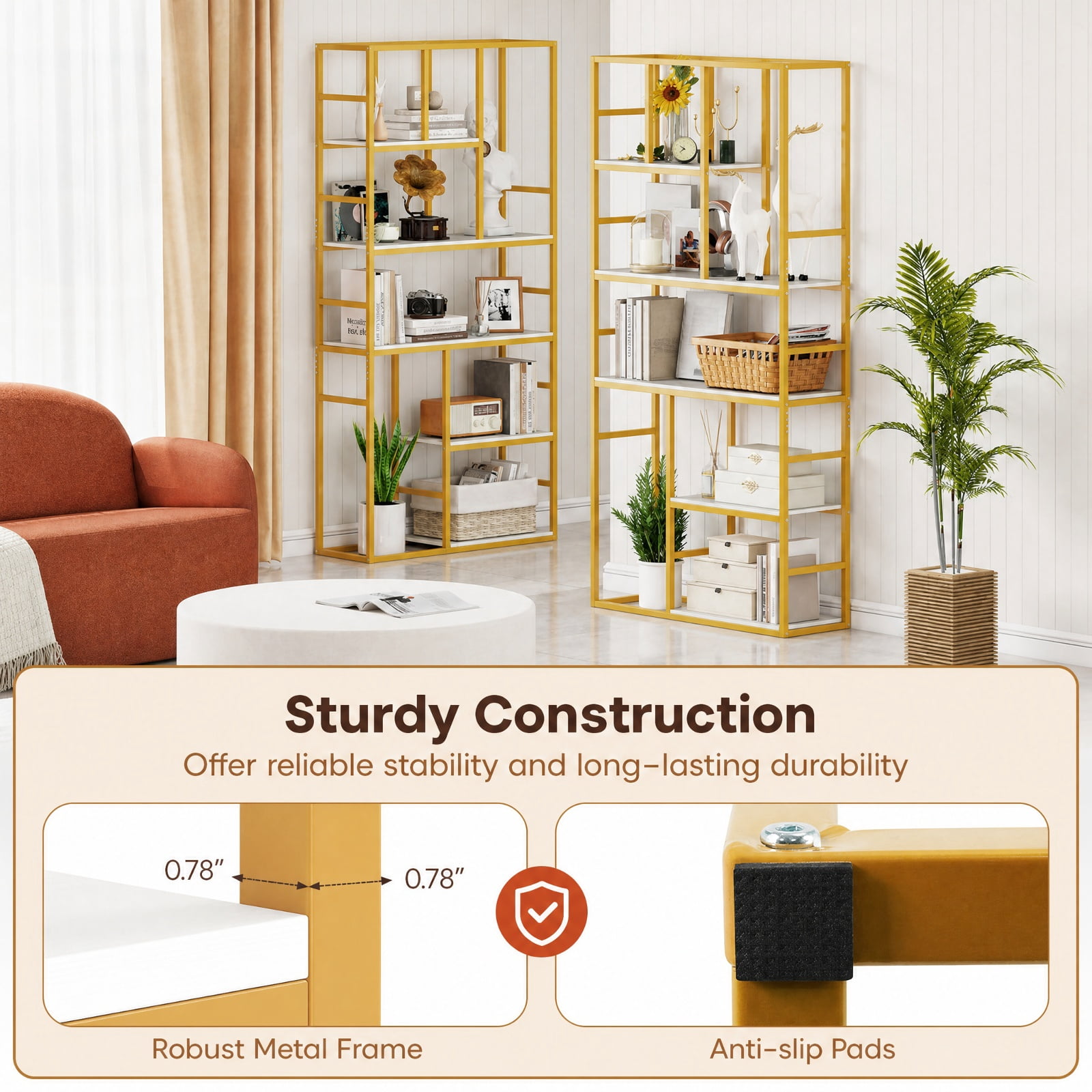 Furnibear 71 Inch Tall Bookshelf Metal Frame 5-Tier Geometric Bookcase-White & Golden for Living Room Home Office Bedroom Display Storage Shelf, White