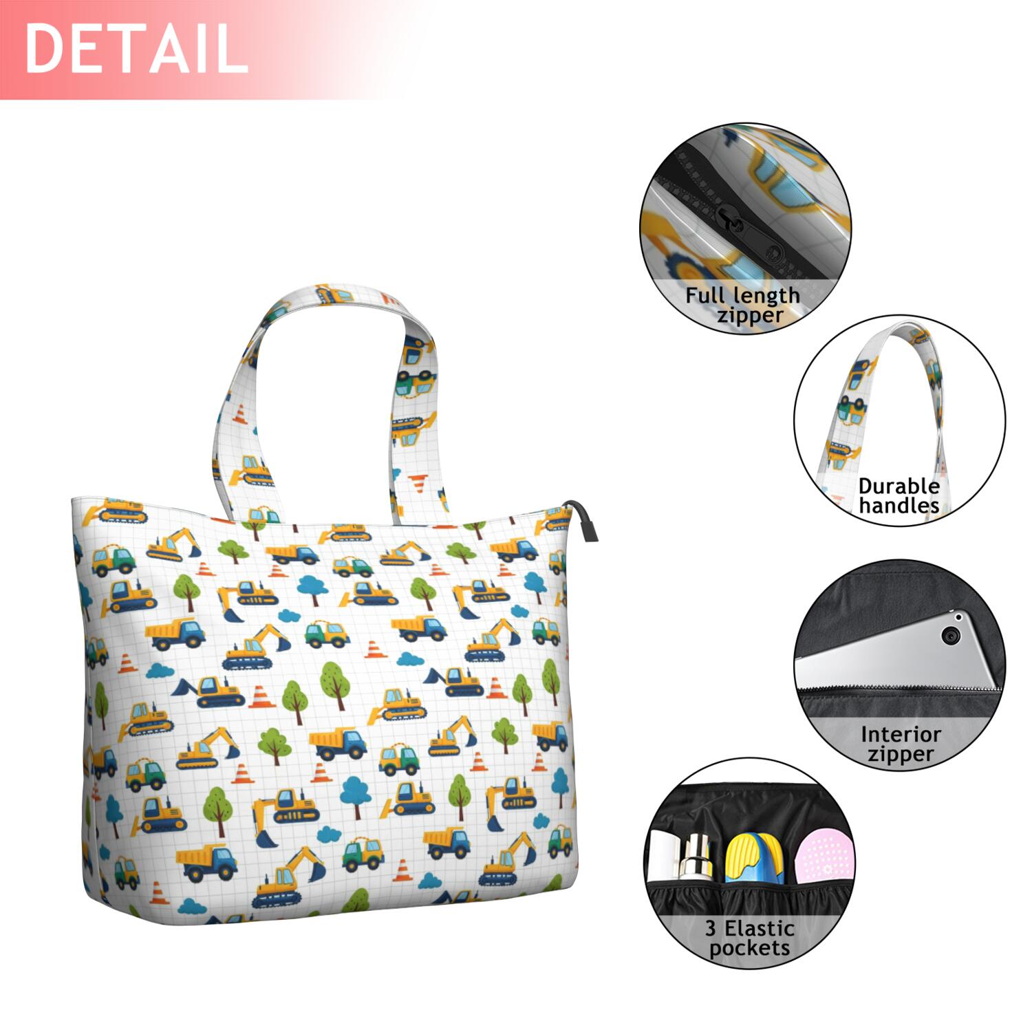 Cartoon Construction Vehicles Trees Travel Tote Bags for Women Carry On,Large Weekender Bags for Women Travel,Multi Functional Duffle Bag for Work,Shopping,Sports