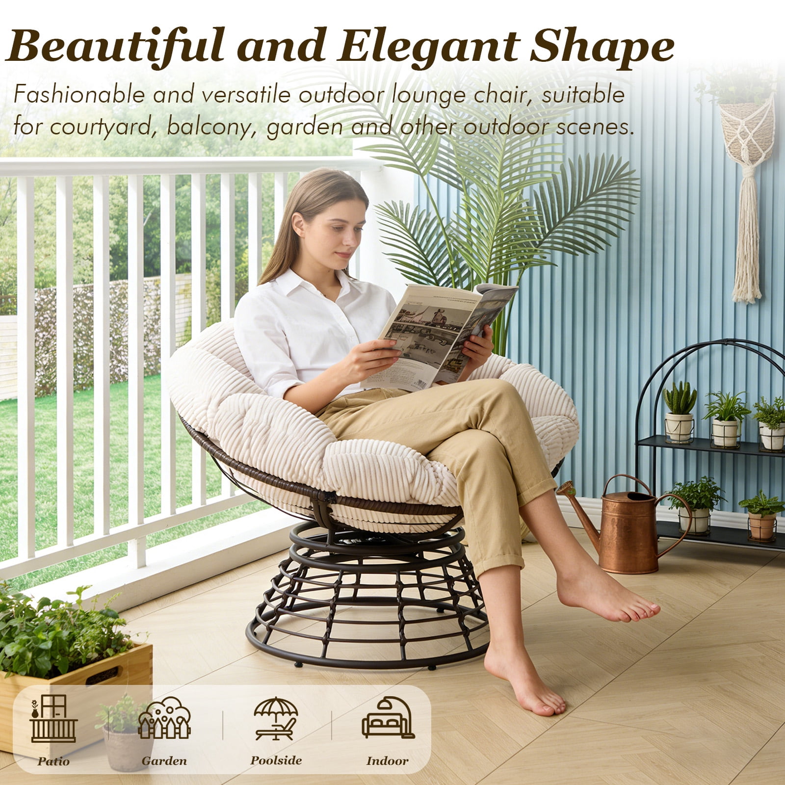 MOONMISS 360° Swivel Wicker Papasan Chair with Soft Thick Cushion for Living Room,White