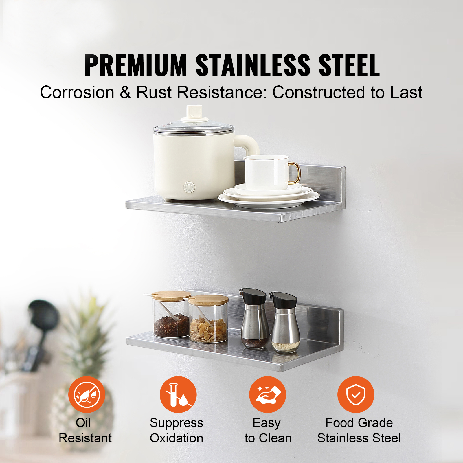 KFFKFF 8.6" x 16" Stainless Steel Wall Shelf 2 Pcs, Floating Shelf with Backsplash, 44 lbs Load Capacity, Durable Storage Rack for Kitchen, Restaurant, Bar, Home, and Hotel Use