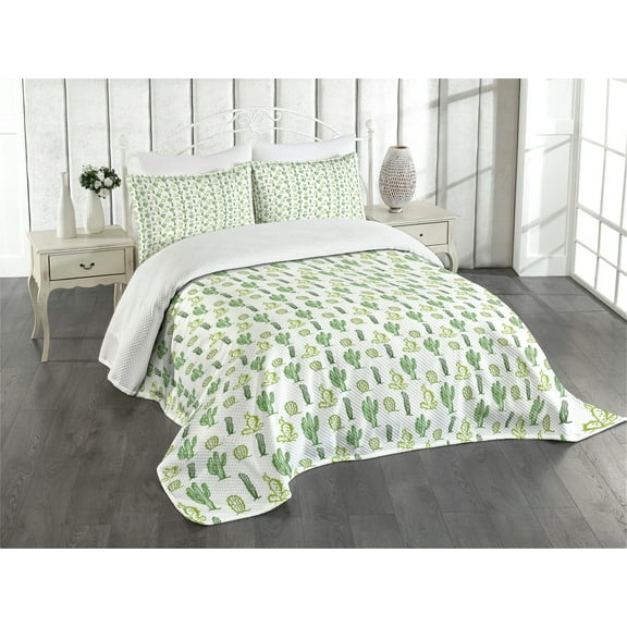 Ambesonne Cactus Quilted Bedspread Set 3 Pcs, Cartoon Doodle Flora, King Size, Fern Green Apple