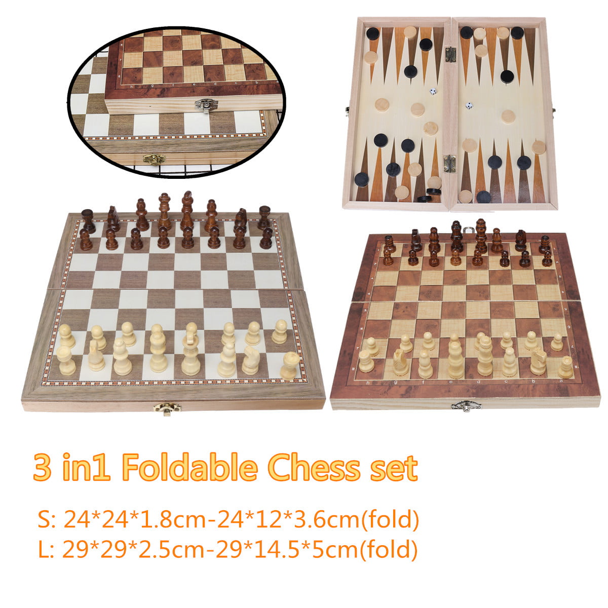 Large 3in1 Chess Wooden Set Fold Chessboard Backgammon Draughts Wood Board Games 