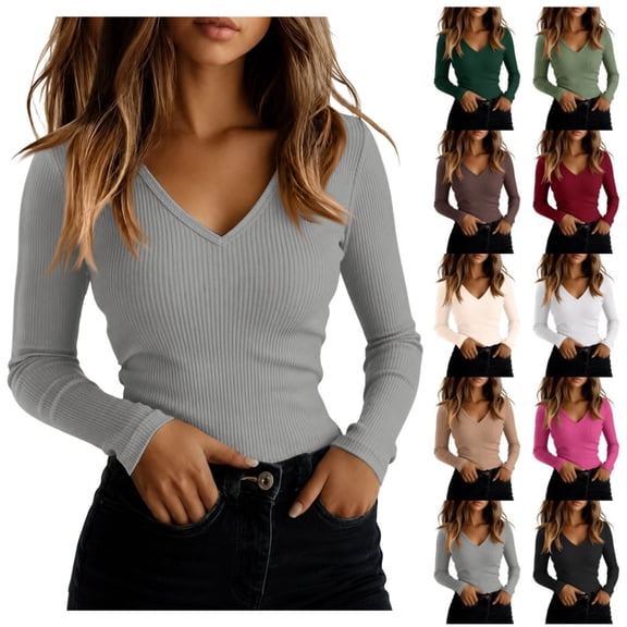 Women's V Neck Sweater Long Sleeve Ribbed Top Slim Fit Stretchy Knit Basic Pullover Casual Fitted Layering Shirts