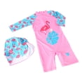thumbnail image 2 of Kids One Piece Swimsuit Long Sleeve Back Zipper Closure Stretchy Sunproof Print Girls Swimwear with Hat for Vacation Blue Leaves Bird One Size, 2 of 24