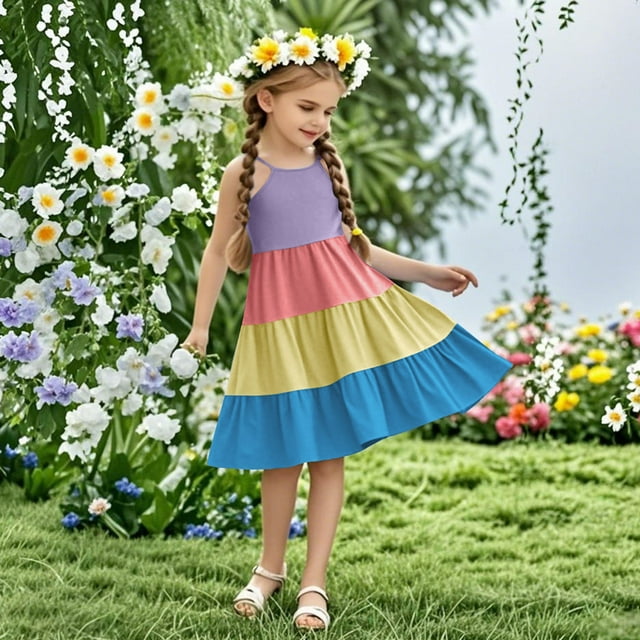 Pisexur Robes Fille Robes Mignonnes pour Filles Robe d'Été Bohème Sans Manches à Bretelles Smockée à Volants Bleu, 4 Ans