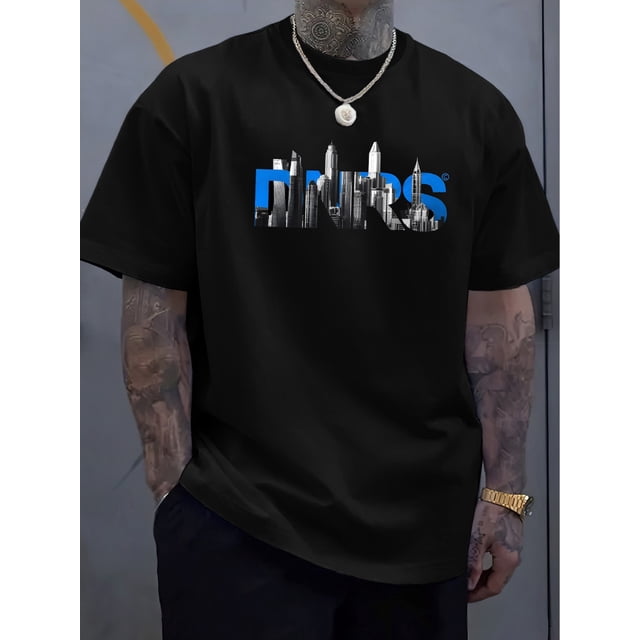 Camiseta de manga corta con cuello redondo y estampado de alfabetos para hombre: cómoda, de corte regular, de punto acanalado, lavable a mano, ideal para uso diario en verano y estilo urbano informal.