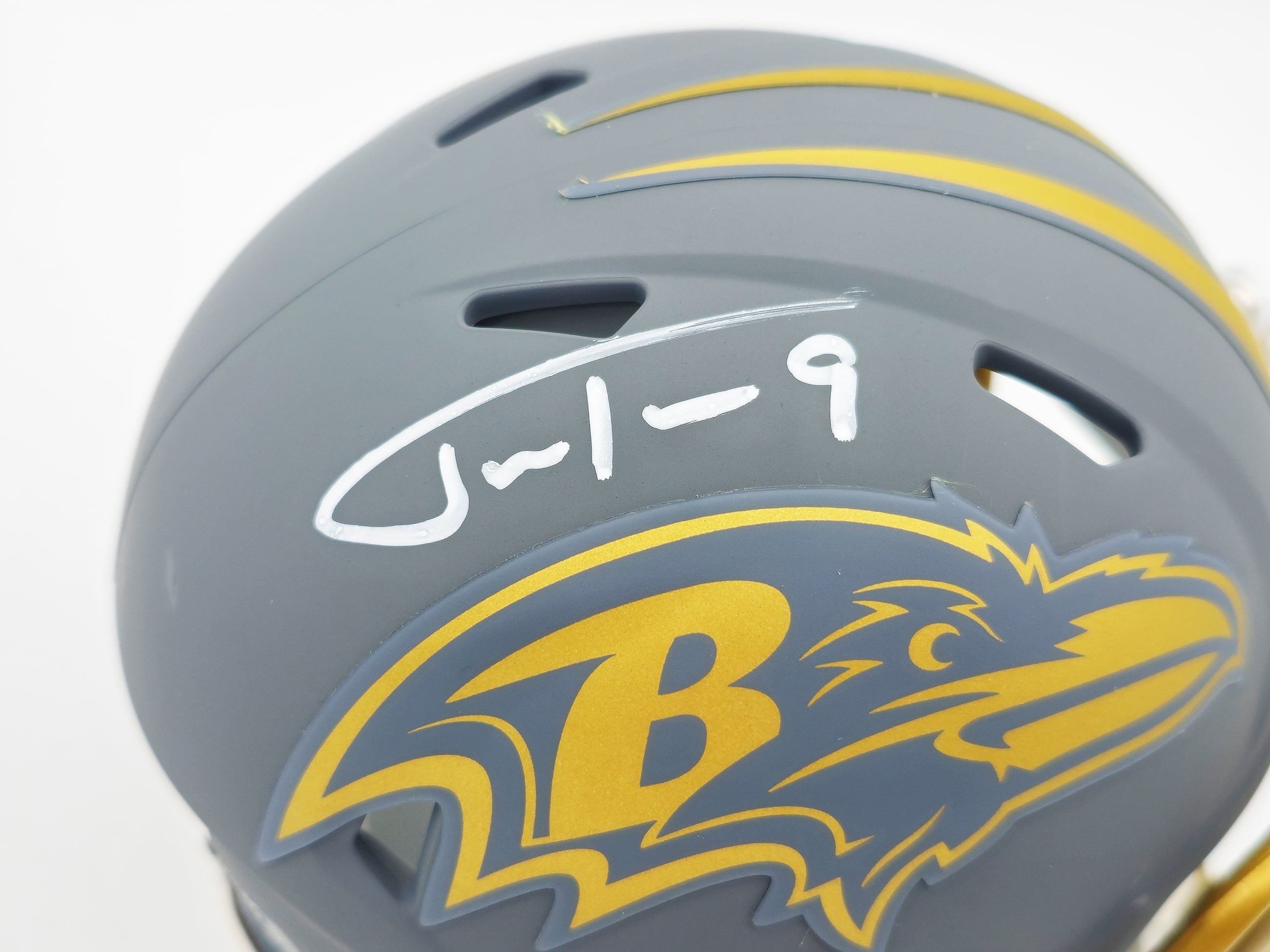 Justin Tucker Autographed Baltimore Ravens Slate Gray Speed Mini Helmet JSA 232735