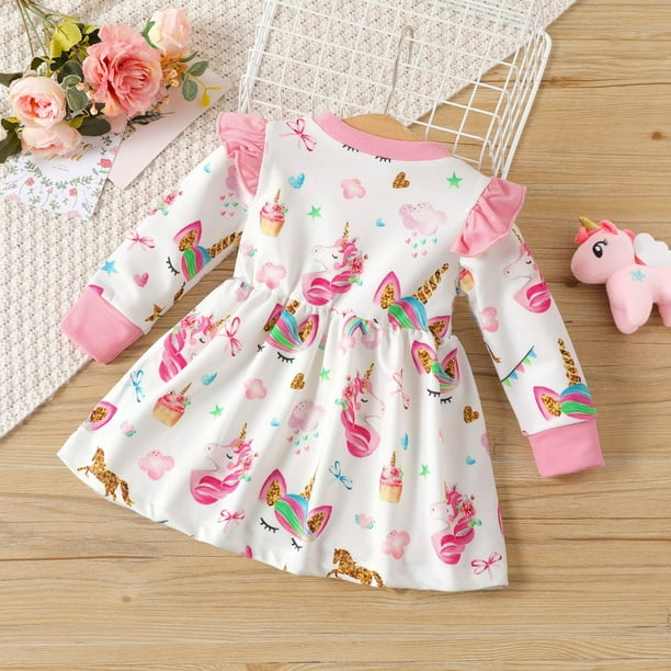Patpat Baby Girls Dresses Baby Girl Sweet Ruffle Edge Animal Unicorn Pattern Long Sleeve Dress Multicolor