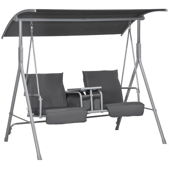 Steel 2-Seater Outdoor Porch Swing with Canopy and Table, Gray
