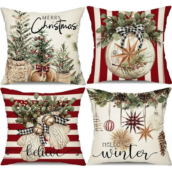 Christmas Pillow Covers 18x18 inch Set of 4 Christmas Tree Gloves Hello Winter Decorative Red White Stripe Throw Pillow Covers Winter Farmhouse Decoration for Home Couch 134