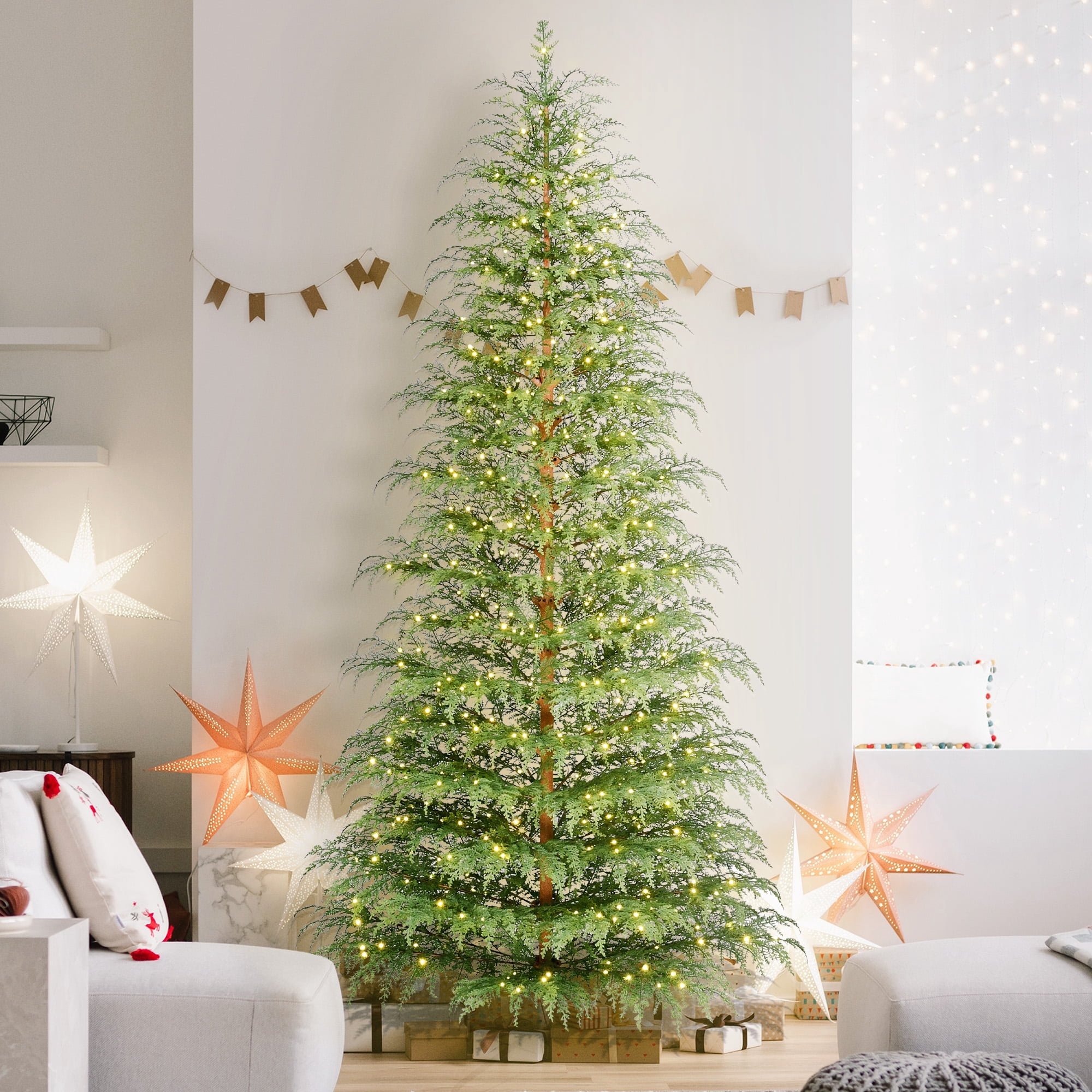 My Texas House 9ft Prelit Green Cypress Artificial Christmas Tree, 600 Warm White Twinkle LED
