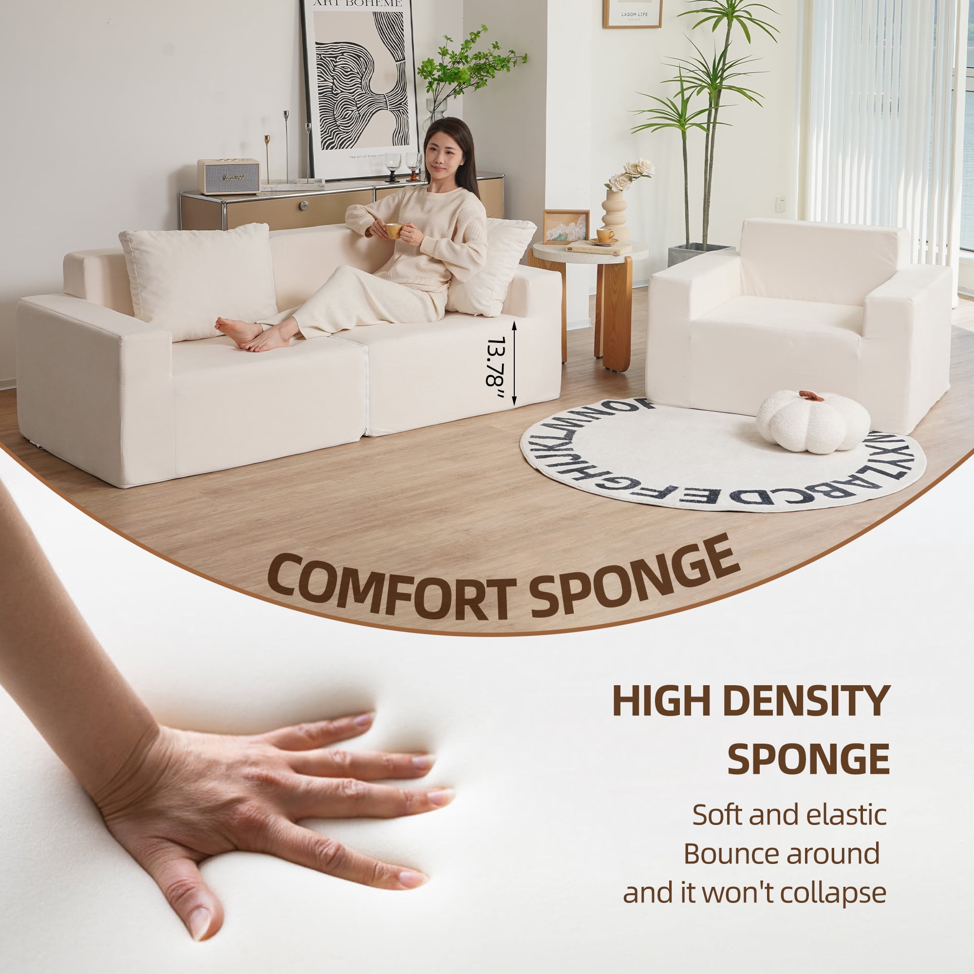 Aukfa 74" Sponge Loveseat Sofa, 2pcs Modular Sofa Chair with 2 Pillows, Assemble Free, White