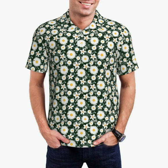 Saiise Chemise de Golf pour Hommes à Imprimé Marguerites et Abeilles, Évacuation de l'Humidité, Séchage Rapide, Polo de Performance pour Hommes-3TG