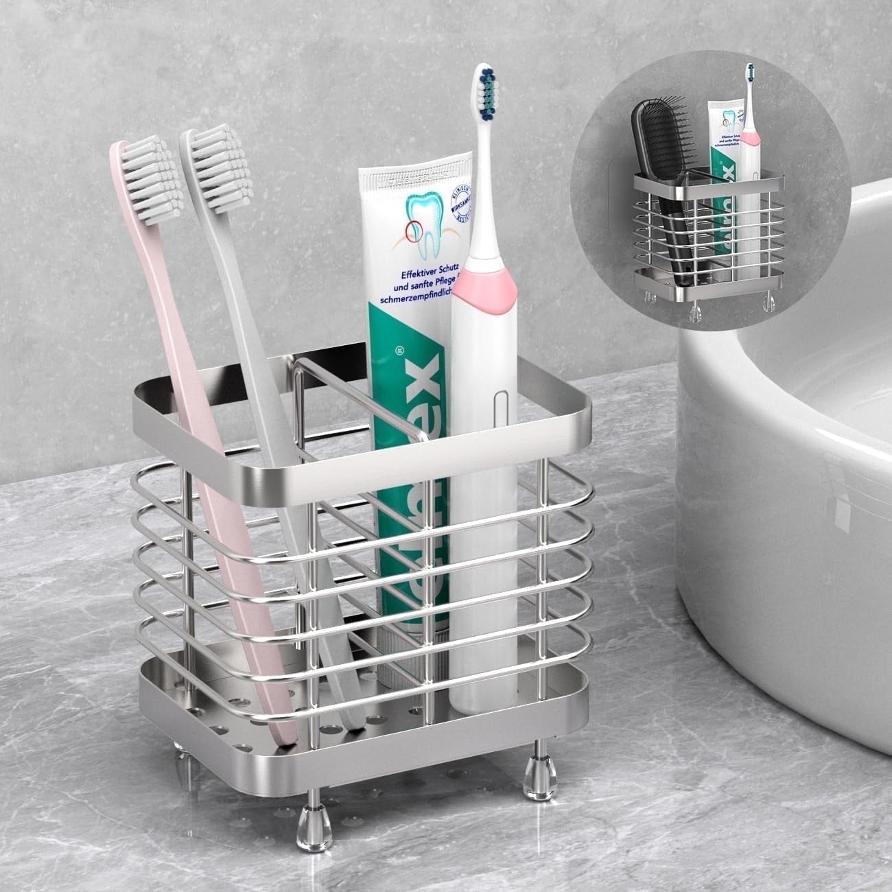 Luxspire Stainless Steel Wall Mounted Toothbrush Holder, 2-Slot, Silver photo 1