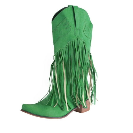 

KELINFONG Women s Fringe Western Boots Wide Calf Riding Cowgirl Cowboy Boots Mid Calf Embroidered Boots