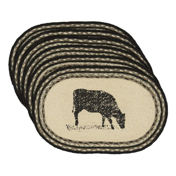 VHC Brands Sawyer Mill Cow 12 x 18" Jute Placemats, Set of 6, Charcoal
