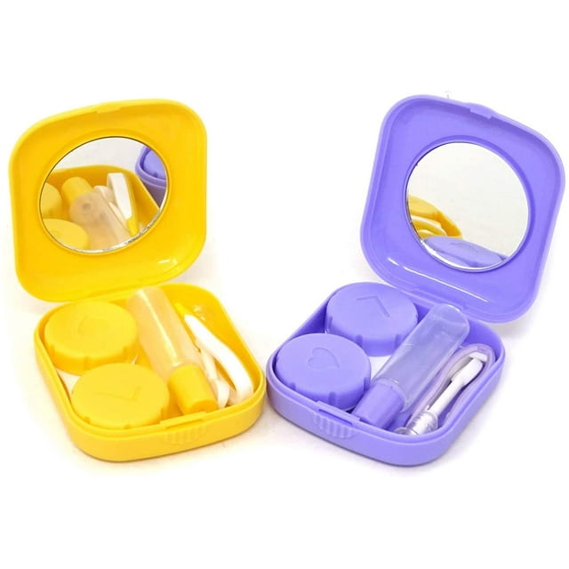 2PCS Voyage Portable Kit de Cas de Lentilles de Contact Mini Boîte de Lentilles de Contact avec Miroir (Violet + Jaune)