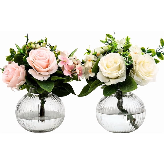 Round Glass Vases, Set of 2 Small Vases for Flowers, Clear Glass Vase for Tulips, Modern Vase