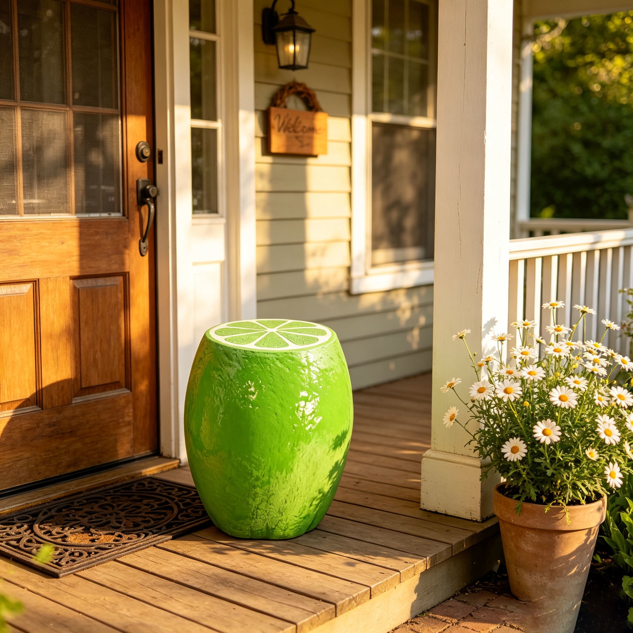 Noble House Lime Fruit Stool, Cute Fairy Decorative Statue, Outdoor Creative Figurine Seat for Patio, Garden, Green